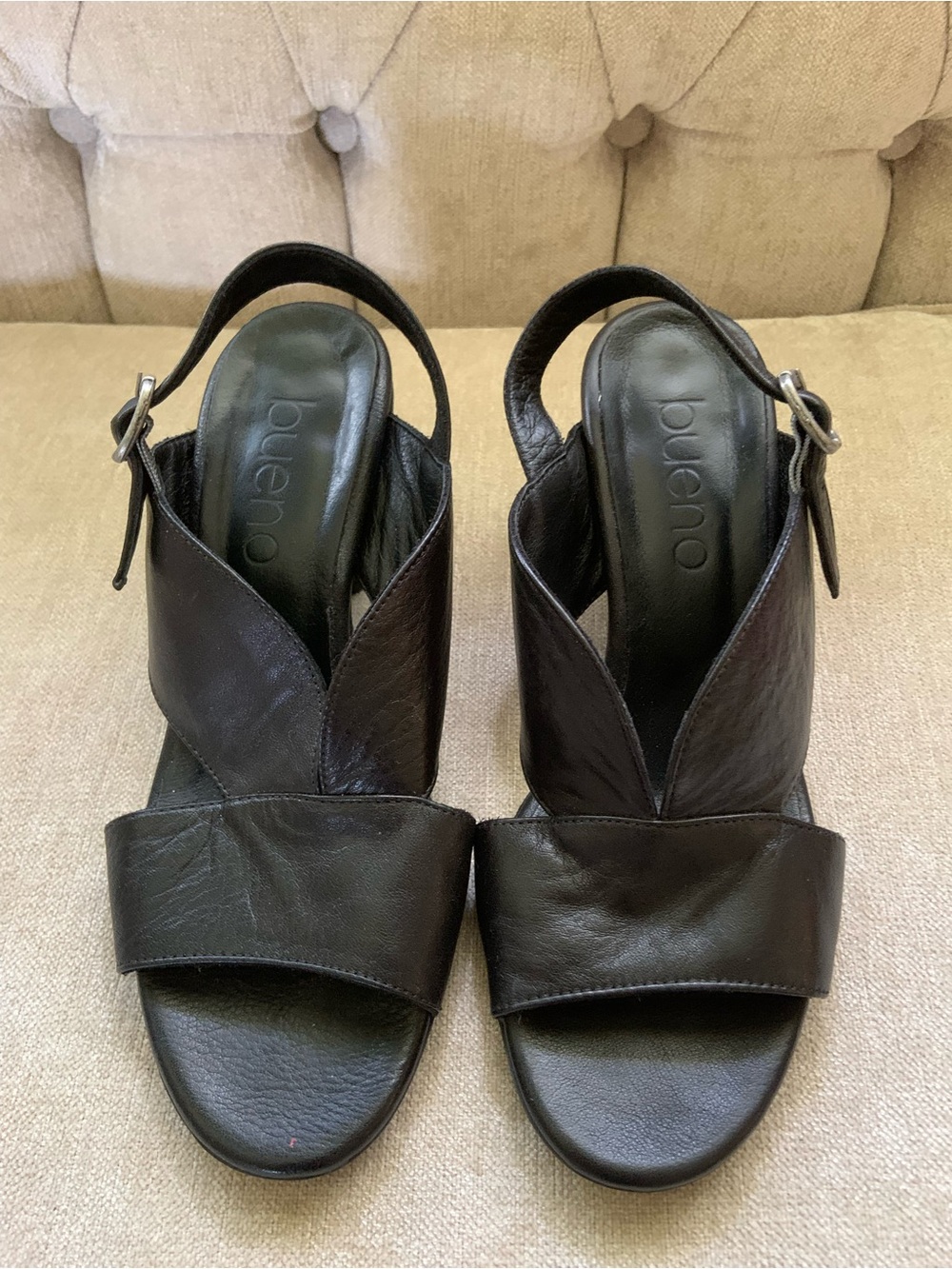 Bueno Black Leather Open-Toe Slingback Sandals